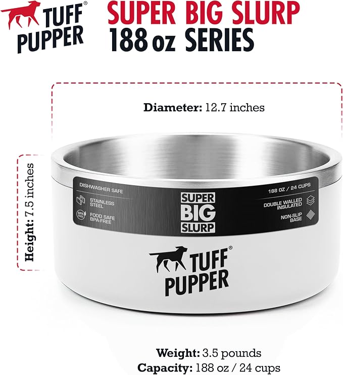 Tuff Pupper Heavy Duty Insulated Dog Bowl | Double Wall Stainless Steel Dog Food Dish | Non-Slip Spill Proof Dishwasher Safe Cat Bowl | Water Dish for Feeding Large Medium Small Pets (188oz, White) - Image 7