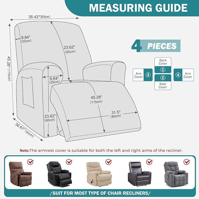 vctops Diamond Recliner Cover 4-Pieces Recliner Stretch Sofa Slipcover 1 Seater Couch Protector Soft Solid Furniture Protector Covers with Elastic Strap (Teal,1 Seat) - Image 2