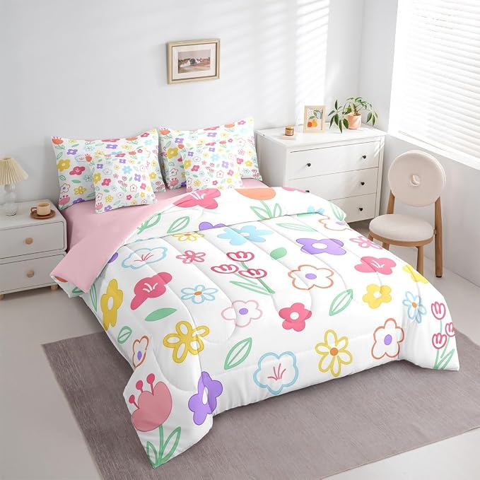 Feelyou Cute Flower 7 Piece Bedding Set Colorful Floral Comforter Set with Sheets for Kids Boys Girls Cartoon Hand-Drawn Bed in a Bag Botanical Decor Bed Set Soft Lightweight - Image 3