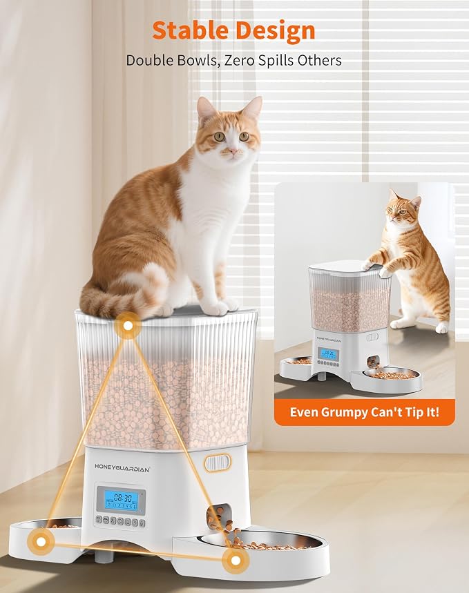 HoneyGuaridan Automatic Cat Feeder for 2 Cats,Automatic Cat Food Dispenser,Timed Pet Feeder for Cats and Dogs,Desiccant Bag, Programmable Portion Control,10s Voice Recorder - Image 3