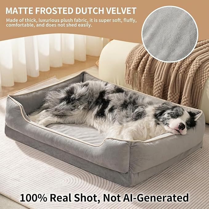 FAIRYPET Orthopedic Dog Bed for Medium to Large Dogs & Cats, Memory Foam Dog Bed with Washable Removable Cover, Top-Grade Dutch Velvet Fabric Pet Sofa Couch for Crate with Nonskid Bottom, Grey - Image 2
