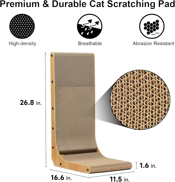 FUKUMARU Cat Scratcher, 26.8 Inch L Shaped Cat Scratch Pad for Indoor Cats | Vertical Cat Scratching Board with Ball Cat Toy, Cardboard Cat Scratcher for Wall Sofa Couch, Kitten Scratching Post, Large - Image 3