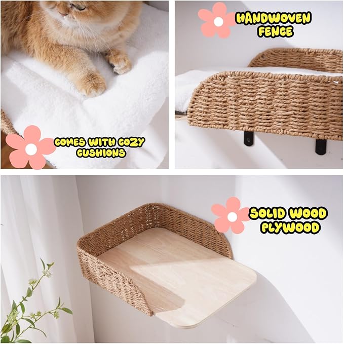 SHENGOCASE Modern Wall Mounted Cat Bed Perch with Handwoven Guardrail, 2-Pack, Wooden Shelves with Washable Pillow Cushions, Wall Furniture Set - Image 5