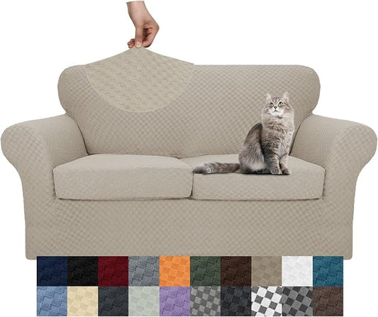 YEMYHOM Latest Checkered 3 Pieces Couch Covers for 2 Cushion Couch High Stretch Thickened Love Seat Sofa Cover for Dogs Pets Anti Slip Elastic Loveseat Slipcover Protector (Khaki), 55"-69"(2 CUSHIONS) by YEMYHOM