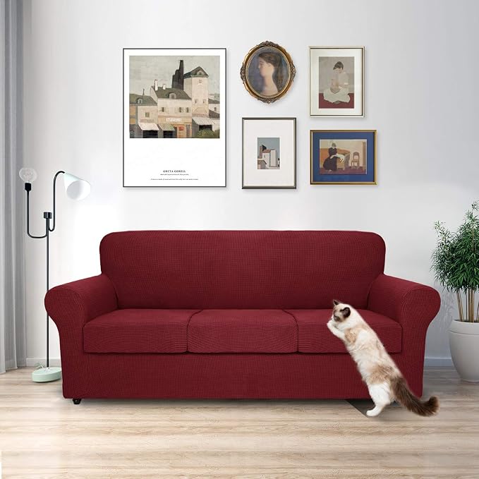 MAXIJIN 4 Piece Couch Covers for 3 Cushion Couch Super Stretch Sofa Cover for Dogs Pet Proof Fitted Furniture Protector Spandex Jacquard Non Slip Magic Couch Slipcover Washable (Extra Large, Wine Red) - Image 2
