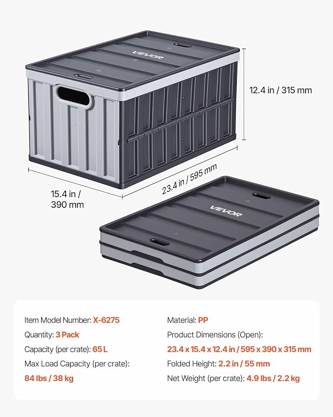 VEVOR Plastic Collapsible Storage Bins with Lids, 65L 3 Packs, Stackable Folding Storage Crates with Handles, Holds 84 lbs Per Bin, Heavy Duty Containers, Space-Saving Baskets, for Home Organizing - Image 7