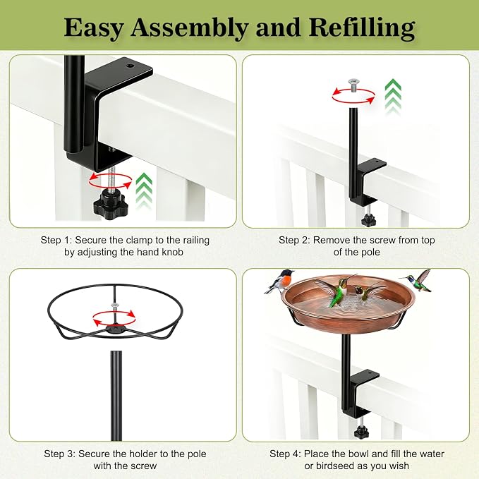 Gtongoko Deck Mounted Metal Bird Bath for Outside, 12 Inch Dia Weather-Resistant Birdbath Bowl for Balcony Fence Railing with Adjustable Clamp Outdoors - Image 5