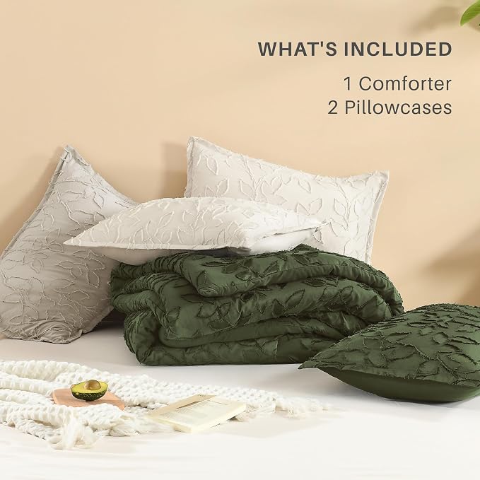 Litanika Queen Size Comforter Set Olive, 3 Piece Cream Boho Tufted Bedding, Fluffy Farmhouse Bed Set for All Season with 2 Leaf Pattern Pillowcases（90x90In） - Image 7