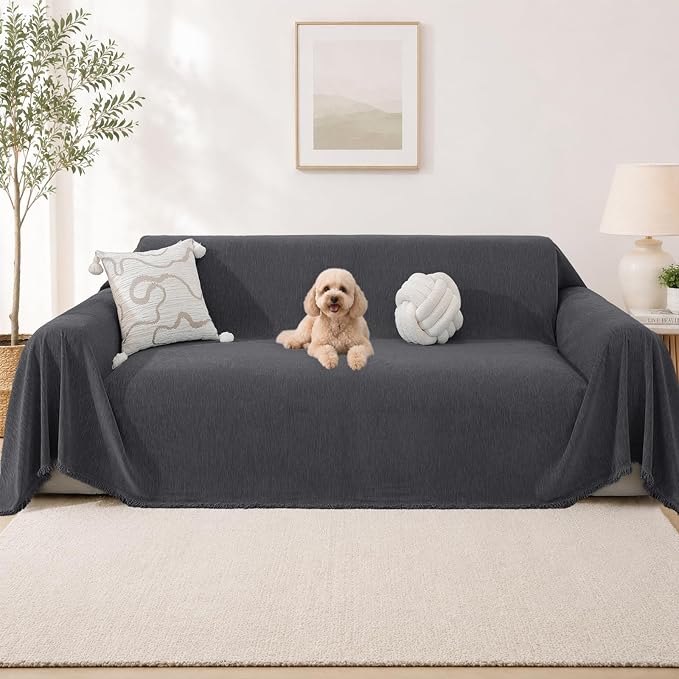 Chenille Armchair Couch Cover for Dogs, Boho Sofa Cover Washable Couch Cover, Pet Throw Blankets for Couches with Tassel Furniture Protector Covers,71"×91",Dark Gray by YSTELLAA