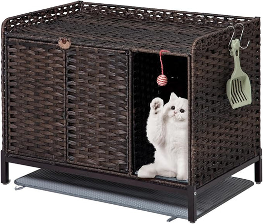 SETVSON Cat Litter Box Enclosure Furniture with Divider, Cat Cabinet, Brown | Handwoven PE Rattan with Soft Litter Mat, 3.54-In Heightened Metal Feet, Spacious & Comfortable, 31.2 x 19.6 x 24.2 In by SETVSON