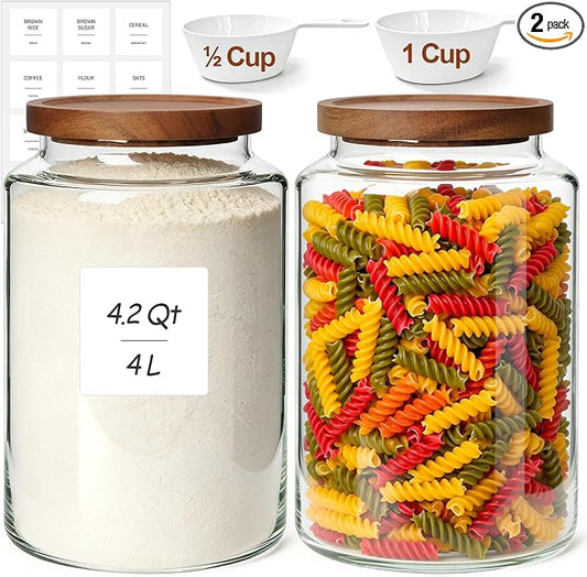 ComSaf Flour Storage Containers with Acacia Wood Lids 1Gallon 2Pack | 4.2Qt Large Glass Jar, for Cooks, Flour Cereal Rice Oats, Kitchen Pantry, 4.4in Wide Mouth, Canister with Scoops & Labels by ComSaf