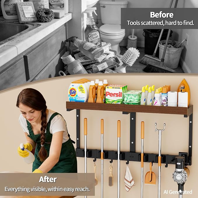 Broom and Mop Organizer Wall Hanging, Broom Hanger Holder Wall Mount | 3-in-1 mop and broom holder wall mount with 5 racks,5 hooks, storage shelf & vacuum organizer for garage,kitchen,laundry room - Image 6