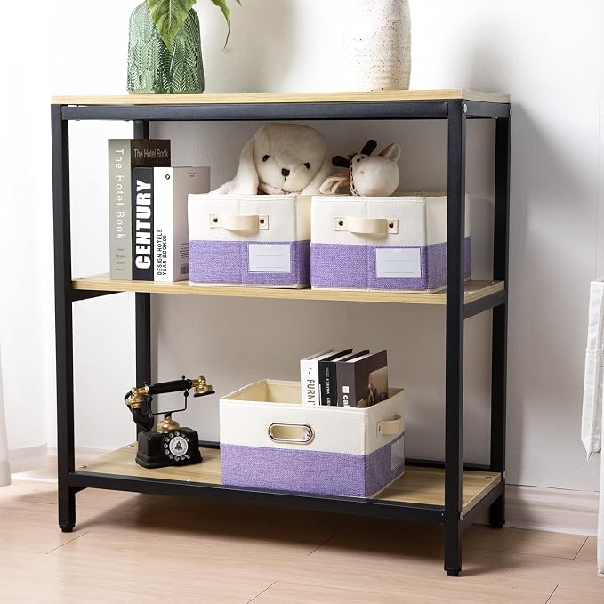 PRANDOM Fodable Storage Bins for Closet [3-pack] Decorative Fabric Storage Baskets Cubes with Leather/Metal Handles for Shelves Bedroom Living Room Purple&Cream (11.5x8.5x6.7 Inch) - Image 2