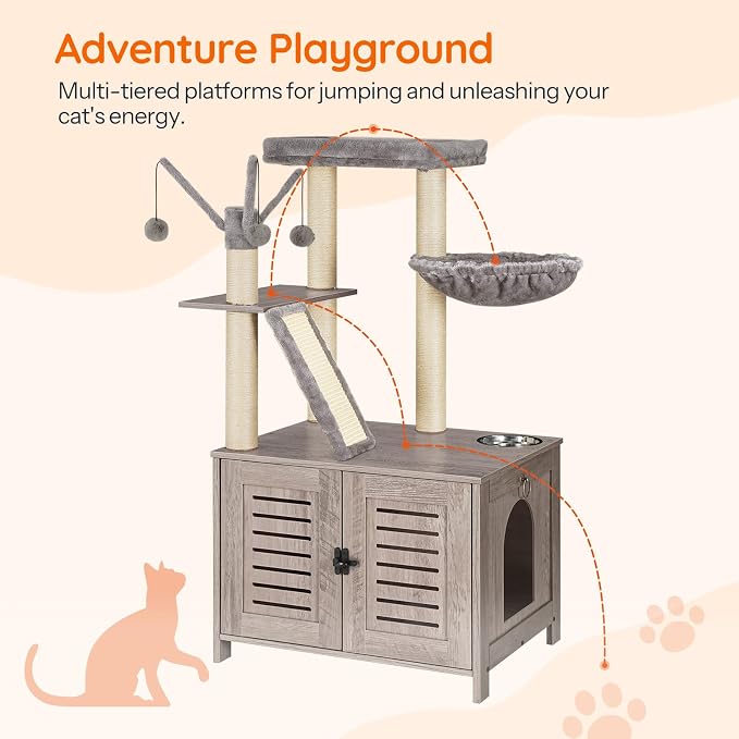 HOOBRO Cat Tree with Litter Box Enclosure, 44" Tall Wooden Cat Tower with Scratching Posts, Cat Hammock, Hidden Litter Box Furniture, All-in-One Indoor Cat Condo, Greige BG48MZ03 - Image 9
