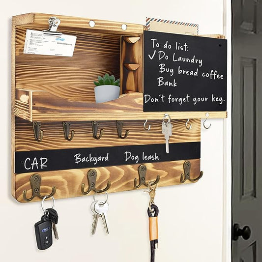 Key Holder for Wall Mount with Shelf and Mail Organizer, Key and Mail Holder with 16 Hooks, Farmhouse Entryway Organizer, Home Decor Rack(Pine Wood, Wood Color) by HEKOOLA