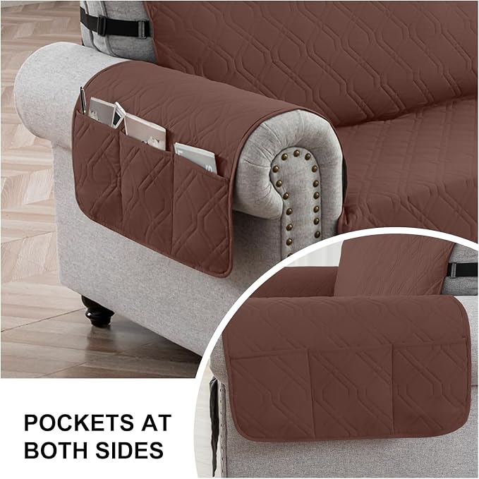 100% Waterproof Couch Cover,Straps&Pockets,pet Friendly,78" Coffee | Washable sofa cover, pet-friendly, scratch-resistant furniture protector, quilted sofa cover, reversible, non-slip backing. - Image 5