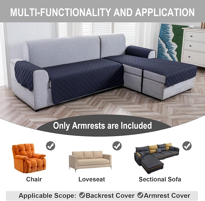 Genina Sofa Armrest Cover, Anti-Slip Armchair Slipcovers for Dogs Cats Pet, Water Resistant Couch Arm Cover for Backrest Recliner Loveseat, L Shaped Sofa, 23.6 x 27.5 Inches（2 Pieces） - Image 2