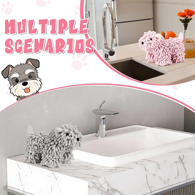 Tegeme 2 Pcs Chenille Dog Hand Towel Fuzzy Towel Absorbent Microfiber Soft for Bathroom Kitchen Washstand (Grey Pink,Standing Dog) - Image 5