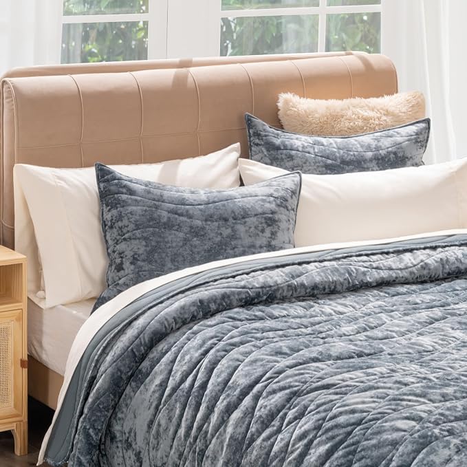 EverGrace Luxury Wave Crushed Velvet Quilt Set, King Size, Stormy Blue | Luxurious Soft, Lightweight Velvet Comforter, Cozy Plush Oversized Bedspread Coverlet for All Season, with 2 Shams - Image 8