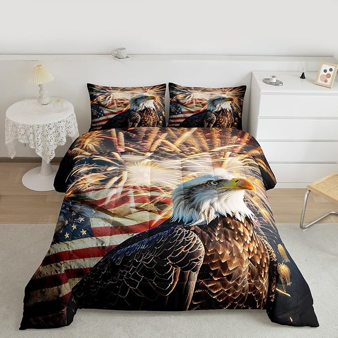 Erosebridal American Flag Comforter Eagle Room Decorative Comforter Set Full Size Firework Bedding Set Wildlife Animal Bird Down Comforter Soft Lightweight Quilt Set with 2 Pillowcases by Erosebridal