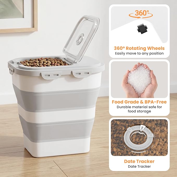 40 Lbs Dog Food Storage Container, Collapsible Cat Food Container | Airtight Pet Food Storage Containers with Wheels, Clear Window, 2 Measuring Cup, Scoop, BPA Free for Rice, Flour, Bird Seed - Image 4