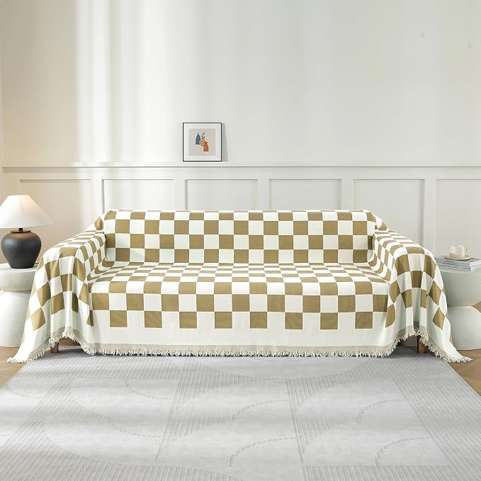 Couch Cover for Sofa, Boho Sofa Cover Washable Couch Cover for Dogs, Pet Sofa Cover for 1-Cushion Couches with Tassel Furniture Protector Cover,71" x 91",Khaki-Square by YSTELLAA