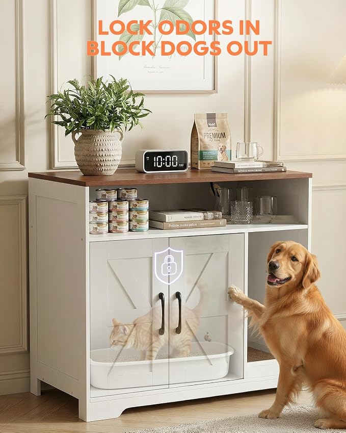 Cat Litter Box Enclosure, Hidden Litter Box Furniture with Charging Station, Cat Cabinet with Scratch Pad & 2-Tier Storage, Farmhouse Indoor Cat House Living Room End Table Hallway, White - Image 7