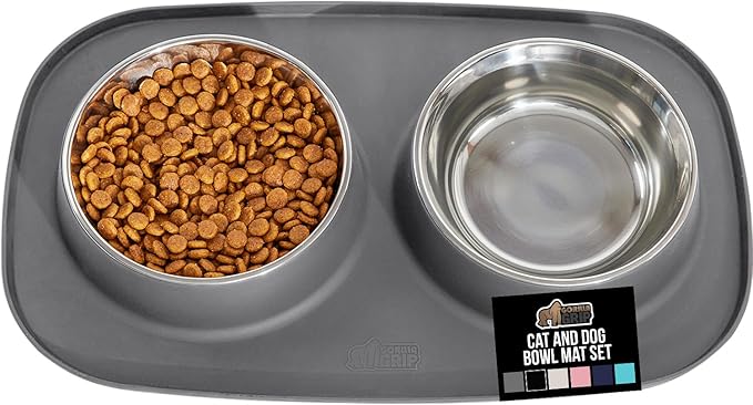 GORILLA GRIP Patented Dog Bowl Set with Slip Resistant Silicone Feeding Mat, Food Grade 304 Stainless Steel Bowls, BPA Free High Edge Spill Containment Dishwasher Safe, Finger Notch Removal 2 Cup Gray by Unknown