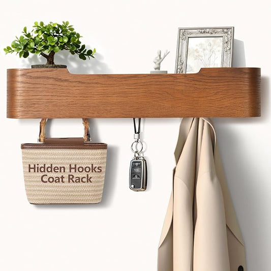 Coat Rack Wall Mount with Hidden Hooks Modern Key Holder Wood Entryway Hook with Shelf for Bedroom Kitchen Hallway Bathroom Designed for Hanging Coats Hats Bags Towel Dog Leashe(Walnut,5 Hooks) by Jadoxy