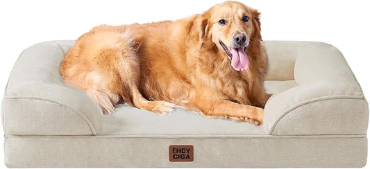 EHEYCIGA Orthopedic Extra Large Dog Bed, Waterproof Washable XL Pet Bed 44" | Non-Slip Bottom and Egg-Crate Memory Foam Big Dog Couch Bed with Washable Removable Cover, Beige, 44Inch by EHEYCIGA