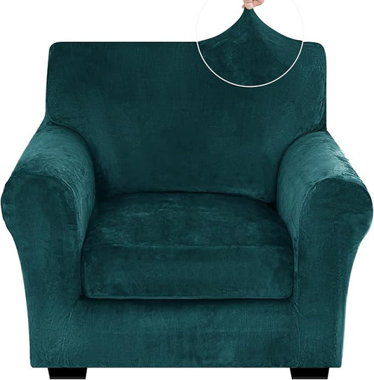 XINEAGE 2-Piece Velvet Armchair Sofa Cover, Couch Covers for Dog,Dark Green | 1 Cushion Chair,Stretch Non-slip Elastic, Pet-friendly, Washable, Fast Setup, Soft Plush Fabric, Furniture Protector. by XINEAGE