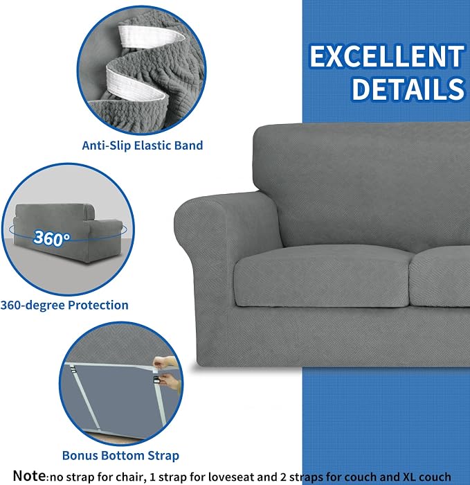 MAXIJIN 3 Piece Couch Covers for 2 Cushion Couch loveseat Cover, Stretch Love Seat Sofa Slipcovers for Dogs Pet, Thick Furniture Protector with 2 Seat Cushion (55"-69", Light Gray) - Image 3