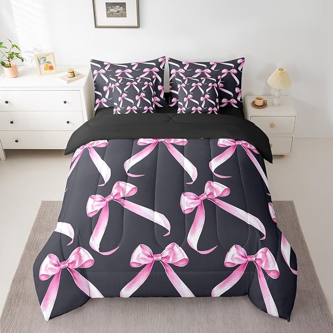 Erosebridal 7 Piece Bowknot Bedding Set King,Modern Pink and Black Bow Ribbon Kids Comforter Set for Boys Girls,Dreamy Princess Style Quilt Set,Watercolor Bows Sheet Set Valentine Decor - Image 2
