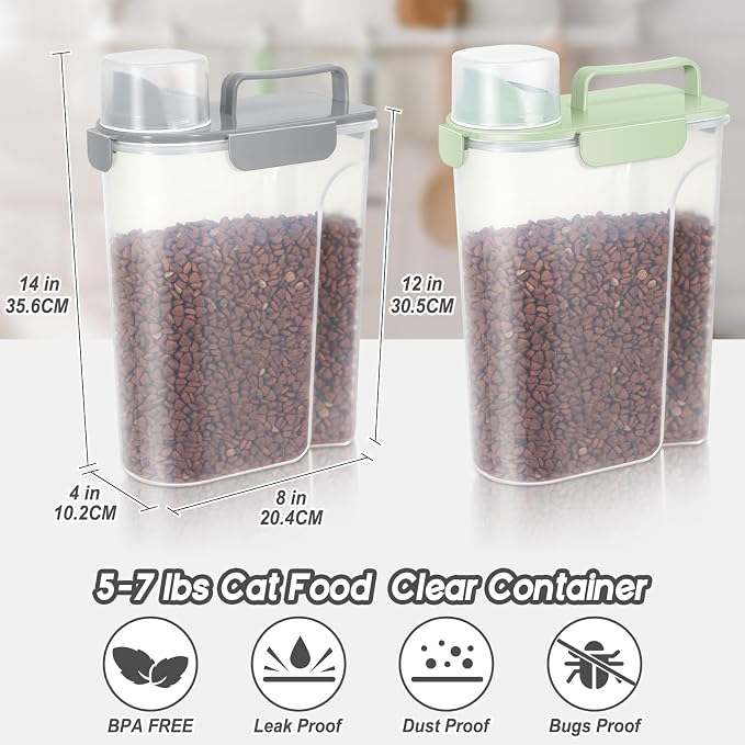 LEAWALK Cat Dog Food Storage Container Upgraded Large Nozzle, BPA-Free 5Lbs/6Qt/5L Plastic Pet Food Storage Container With 4 Sealed Clasps and Handle, Easy to Clean and Carry-2 Pack Gray+Green - Image 2