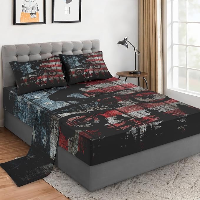 WeCozy Twin Size Bed Sheet Sets with Pillowcases, American Flag Vintage Motocross 3 Pcs Soft Microfiber Bedding for Kids and Adults, Motorcycle Flat, Fitted Sheet for Bedroom Bed Decor by WeCozyHomeDecor
