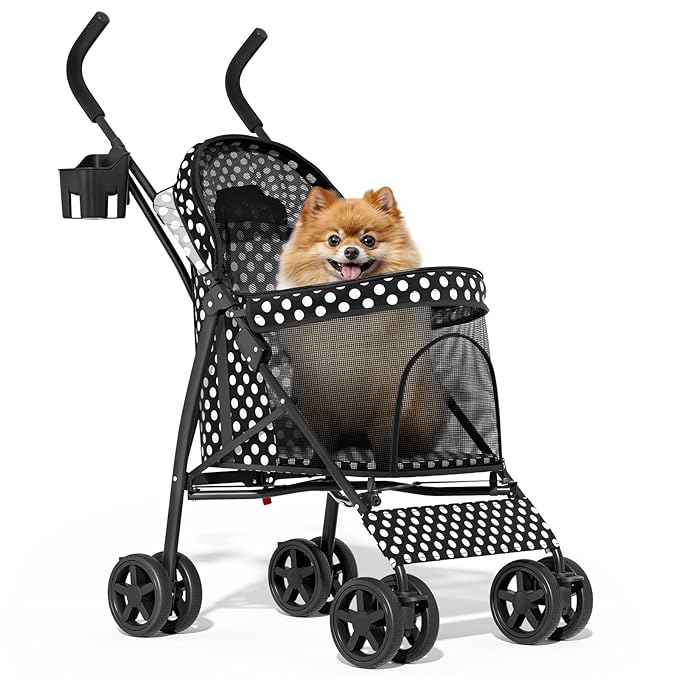MoNiBloom 4 Wheels Pet Stroller, Easy-Fold Umbrella Shaped Dog Cat Jogger Stroller w/Storage Bag & Visible Mesh for Small/Medium Dogs Cats Black Polka Dots