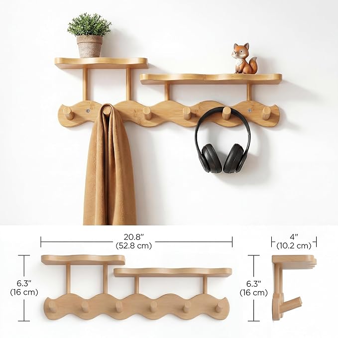 Wave-Shaped Bamboo Coat Rack Wall Mount with Shelf - Modern 6-Hook Rack | Modern Sculptural Wave Decor, Organic Wood Wall Organizer with Storage Shelf, Eco-Friendly Coat Rack for Hanging Bags, Keys - Image 5