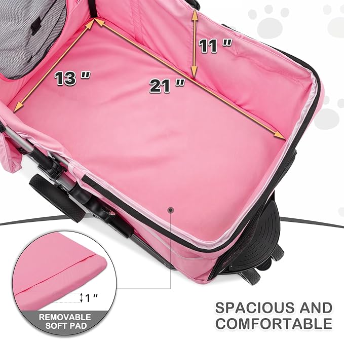 MoNiBloom 3-Wheels Foldable Pet Stroller with Waterproof Cover, Pet Strolling Cart for Small/Medium Dogs and Cats with Storage Basket and Cup Holder, Breathable and Visible Mesh for All-Season, Pink
