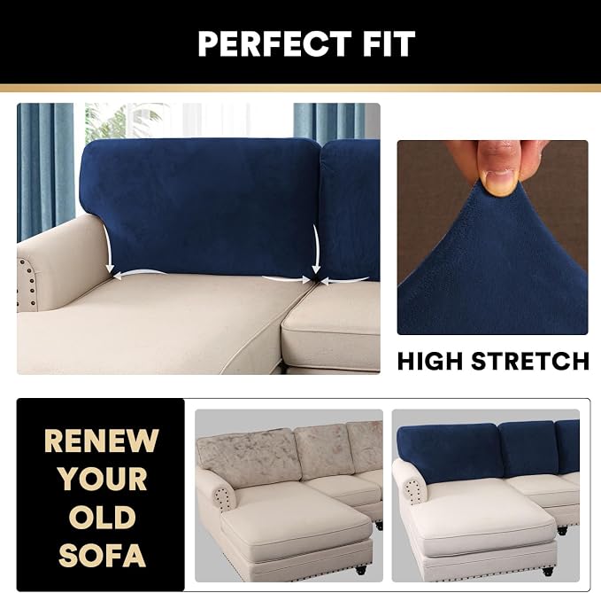 PrinceDeco Sectional Couch Covers Velvet Cushion Covers for Sectional Couch Washable Cushion Covers for Sectional Sofa Pet Friendly Sectional Sofa Slipcovers(1 Chaise Back+ 3 Sofa Back,Navy) - Image 5