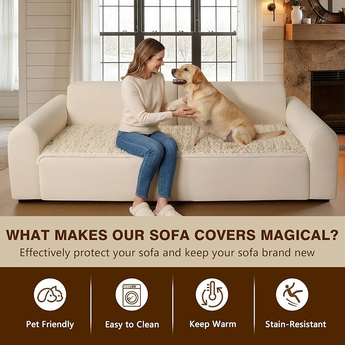 OHSIO Couch Cover for Pets, Washable Non-Slip Sofa Cover Pet Friendly, Soft Fuzzy Teddy Fleece Sofa Slipcover for 3-4 Cushion Sofa Furniture Protector (Ivory, 27.6" x 82.6") - Image 7