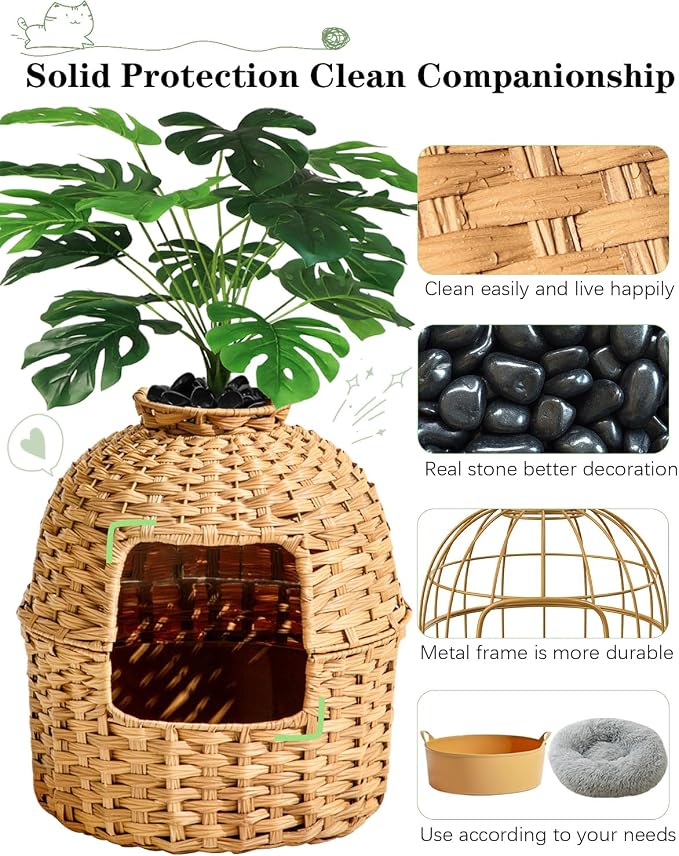 SETVSON Cat Litter Box Plant Furniture Enclosure, Rattan PE House, Natural | Decorative Planter Design, Removable Top for Easy Cleaning, Includes Artificial Plants, Real Stones, 20 x 20 Inches - Image 3