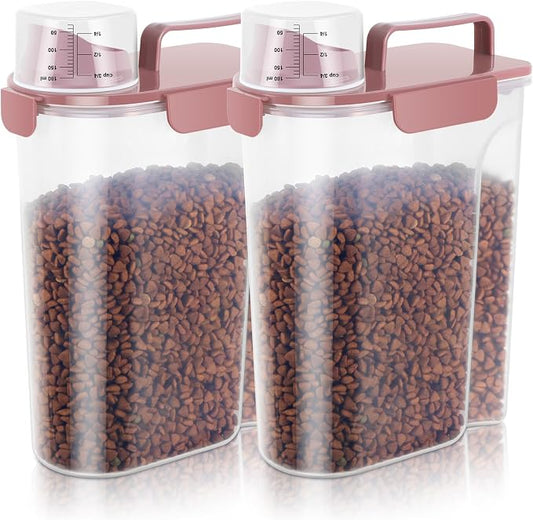 LEAWALK 5Lbs Airtight Pet Storage Container For Cat Dog Bird Food and Keep Fresh, Translucent Body, Upgraded Large Nozzle for Easy Pouring With Handle Design Easy to Carry When Going Rose pink 2pack by LEAWALK