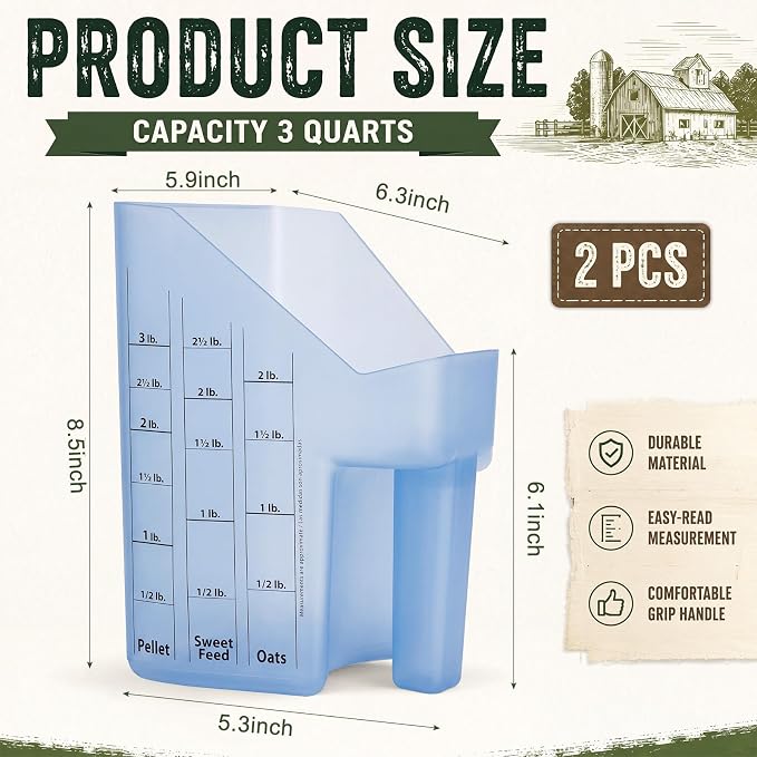 Uiifan 2 Pcs 3 Quart Horse Feed Scoop with Measurements, Heavy Duty Plastic Livestock Measuring Scoop for Grain, Pellets, Oats, Sweet Feed, Goat, Sheep and Cattle Supplies (Blue) - Image 2
