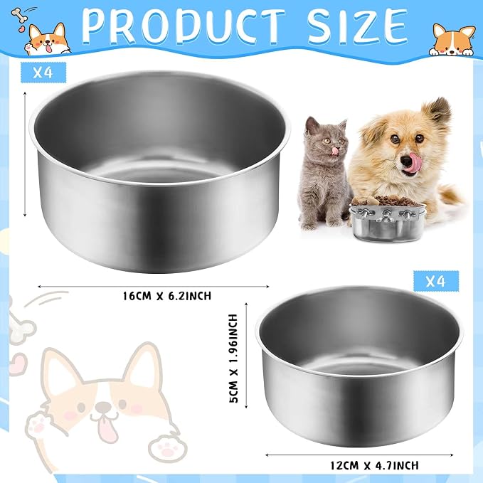 Zubebe 8 Pcs Stainless Steel Hanging Dog Crate Bowls, Non-Spill Kennel Food Water Bowls with Screw Clamp Attach Holders, Removable Mountable Metal Cage Feeder for Pet(41 Oz,19 oz) - Image 2