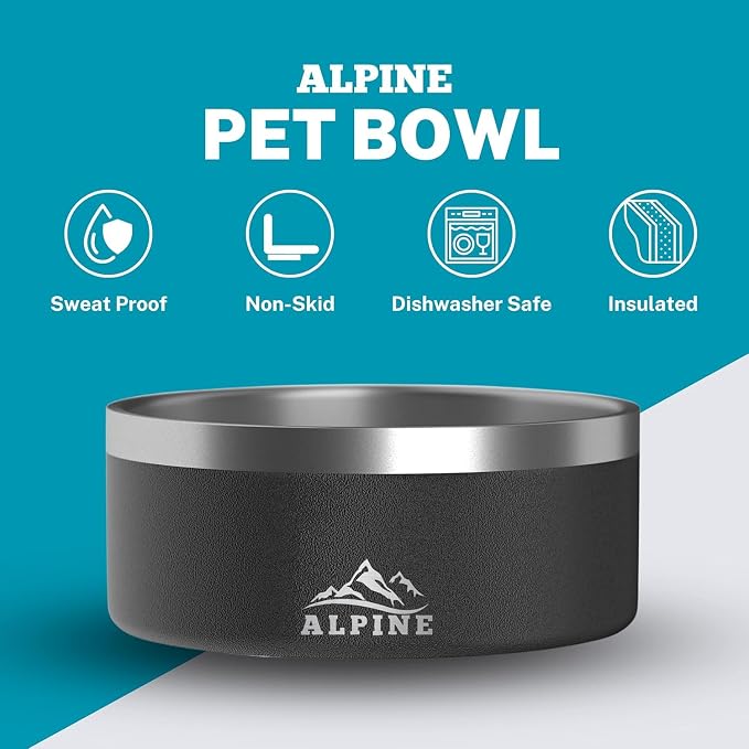ALPINE Set of 2 Stainless Steel Dog Bowls, Non Slip, Metal Pet Bowl for Food and Water, Double Walled Insulated, Rustproof, Dishwasher Safe (64 oz, Black/White) - Image 2