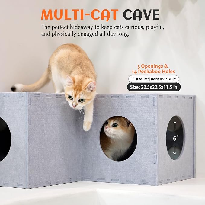 PETKARAY Cat Tunnel, Original Cat Hideaway Cave for Indoor Cats, Large Kitten Play Tubes and Tunnels, Soft Felt Cat Toy with Interactive Peek Hole, Grey L Shape - Image 3