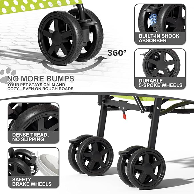 MoNiBloom 4 Wheels Pet Stroller, Easy-Fold Umbrella Shaped Dog Cat Jogger Stroller w/Storage Bag & Visible Mesh for Small/Medium Dogs Cats Lawn Green Polka Dots