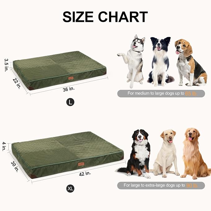 FUKUMARU Large Dog Bed, Thickened Waterproof Dog Mat with Washable Cover | Corduroy Orthopedic Dog Bed for Crate, 28D Egg Crate Foam Support Pet Mat, Cozy Flat Dog Pad with Anti-Slip Bottom, Green - Image 6