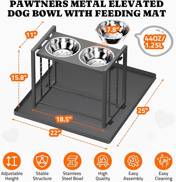 Elevated Dog Bowl for Medium Breed, Height Adjustable Feeder with Mat, Grey | Adjustable Height at 15°Tilted Angle, Lightweight, Nonslip, All-Iron Structure, Stainless Steel bowls, Easy Assembly Cleaning - Image 6
