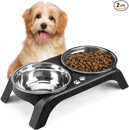 Elevated Dog Bowls for Small Dogs, 3” High Raised Dog Bowl Stand with Dual 5” Stainless Steel Bowls Non-Slip Pet Feeder for Puppy and Cats, Dishwasher Safe, Black by COMESOON